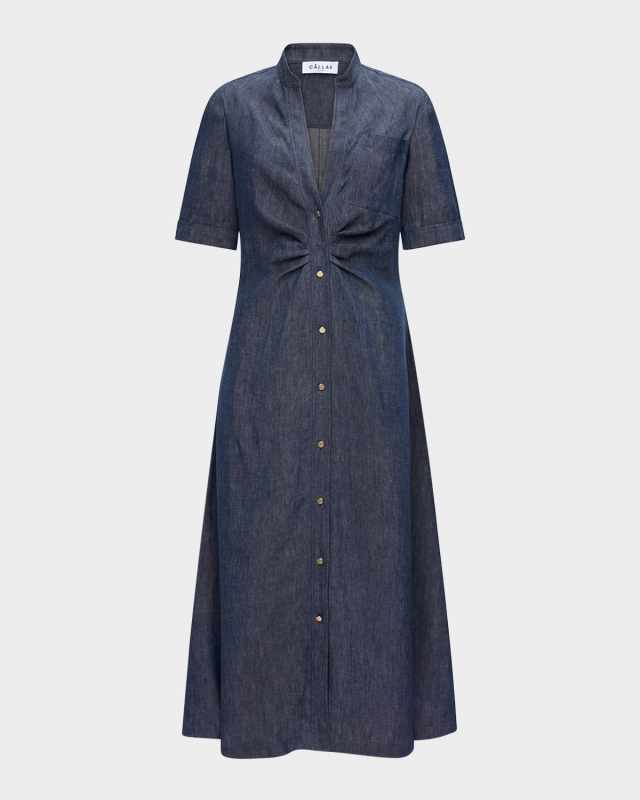 Noor V-Neck Button Denim Midi Shirtdress
